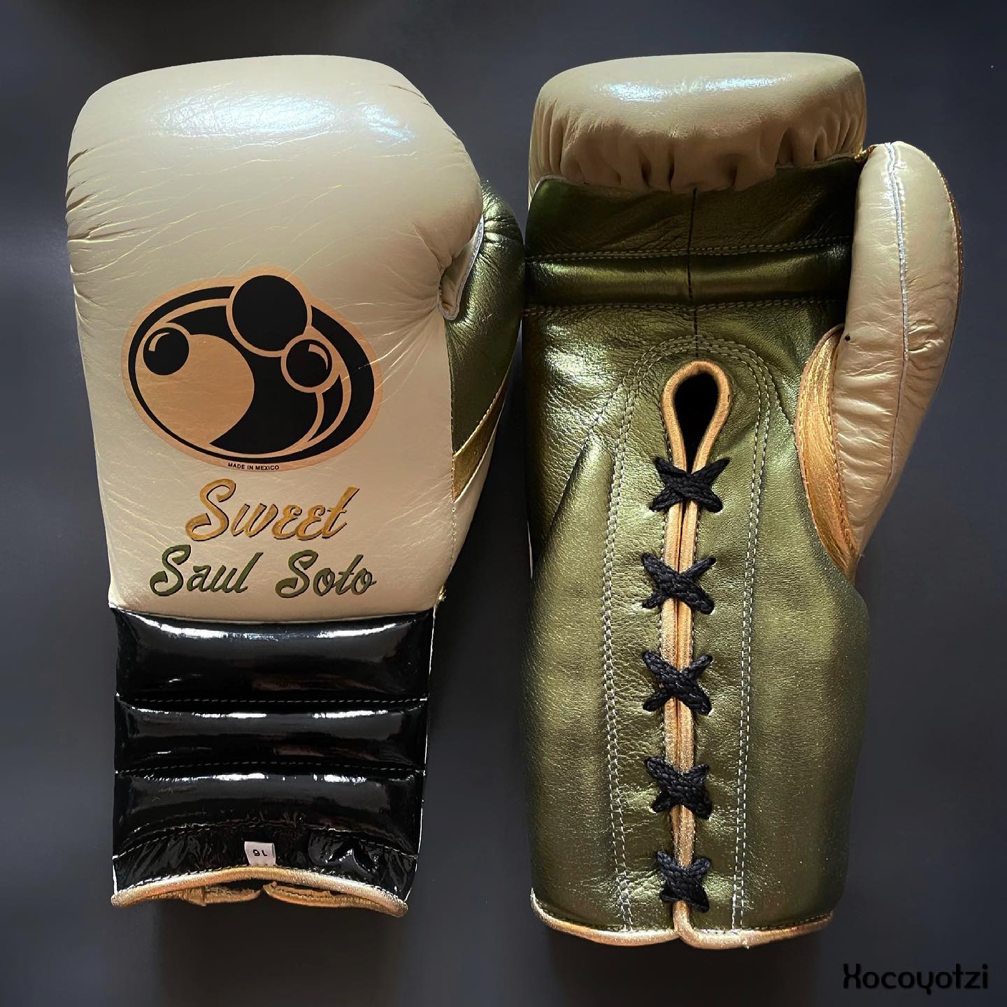 Grant Boxing Gloves in Beige/Green/Black colorway - Professional Lace-Up training gloves