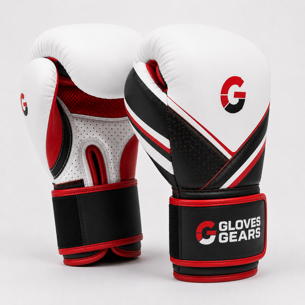 Pair of white, black, and red boxing gloves with 'Gloves Gears' branding on a light gray background.
