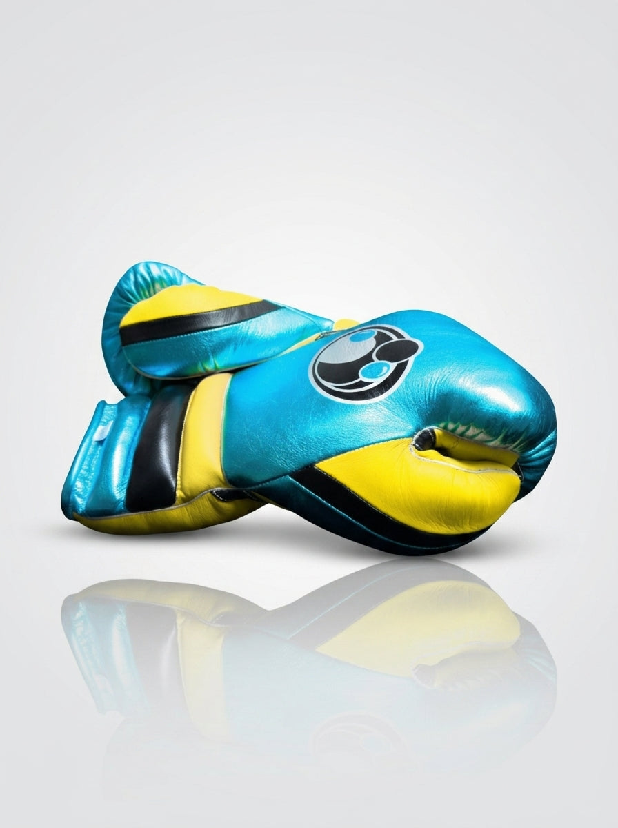 Grant Lace-Up Pro Boxing Gloves – Metallic Cyan/Yellow