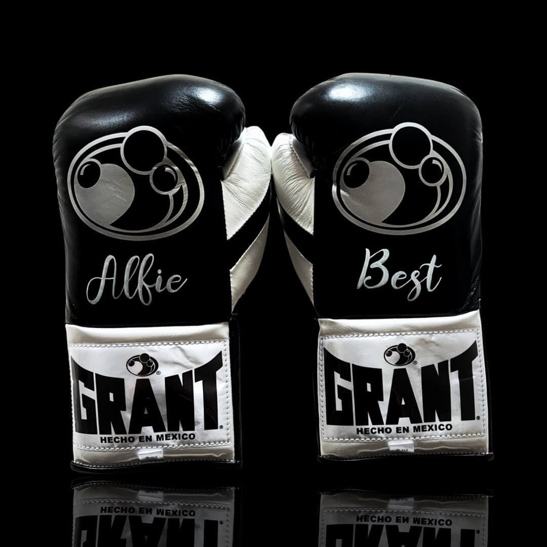 Grant Boxing Gloves in Black/White/Silver colorway - Professional Lace-Up training gloves