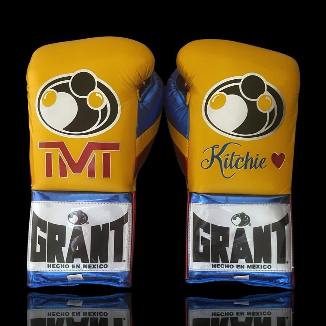 Grant Boxing Gloves in Yellow/Red/Blue colorway - Professional Lace-Up training gloves