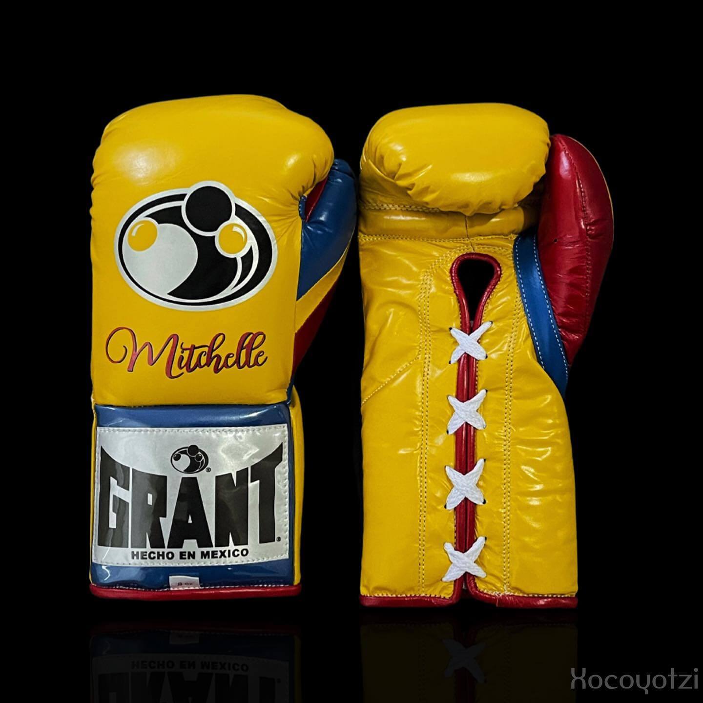 Grant Boxing Gloves in Yellow/Blue/Red colorway - Professional Lace-Up training gloves