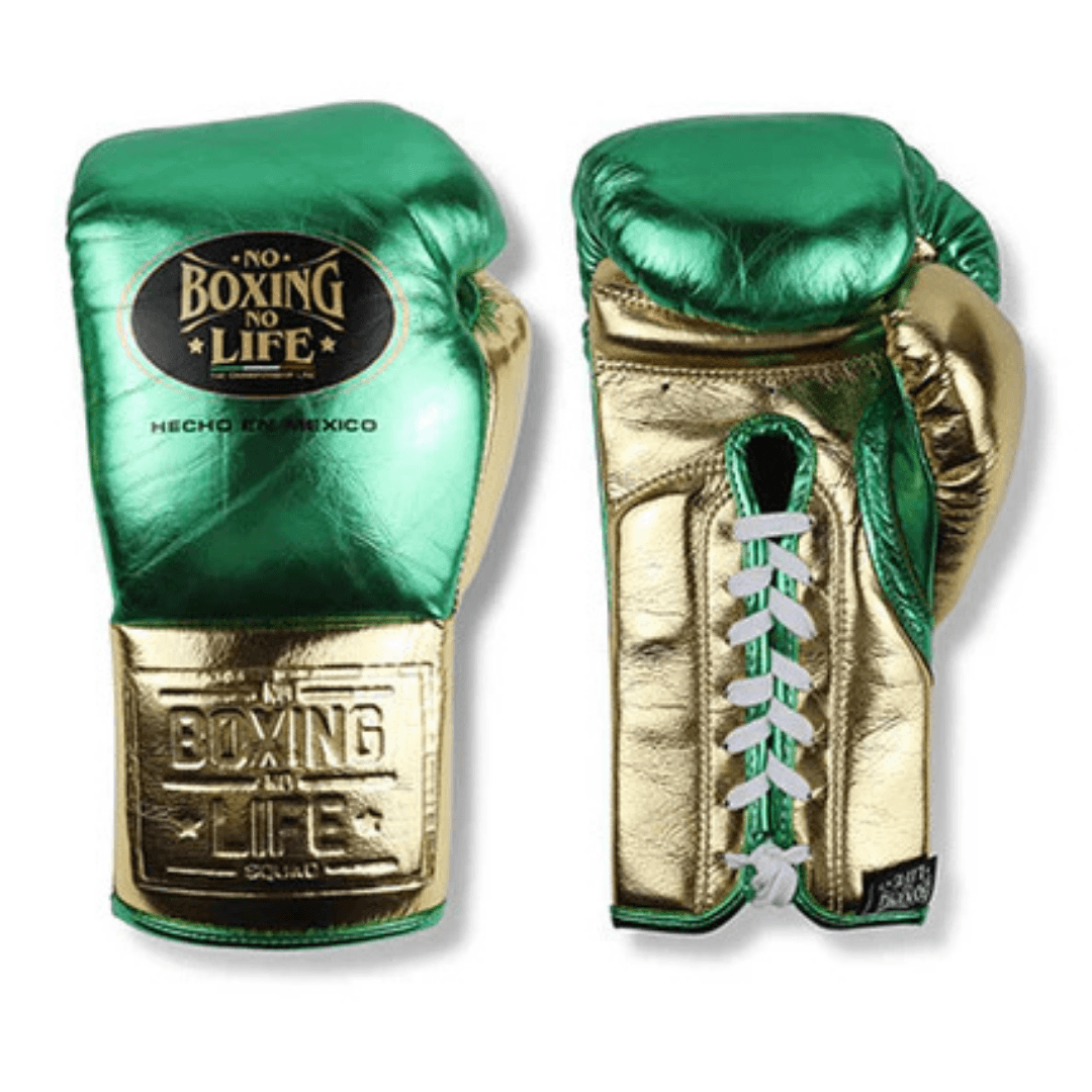 No Boxing No Life Boxing Gloves Green/Gold Lace-Up 16oz