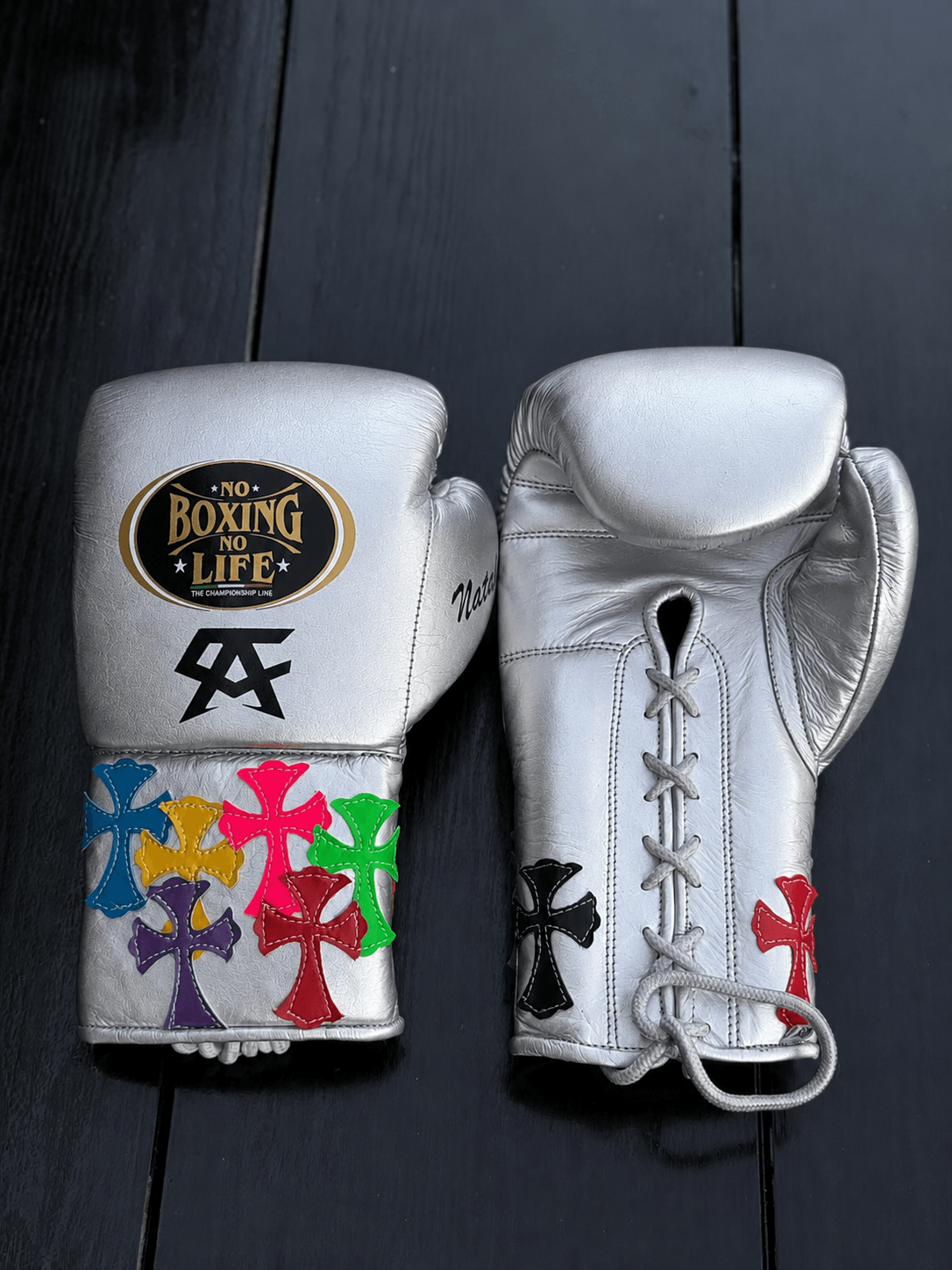 No Boxing No Life Boxing Gloves Silver Lace-Up 16oz