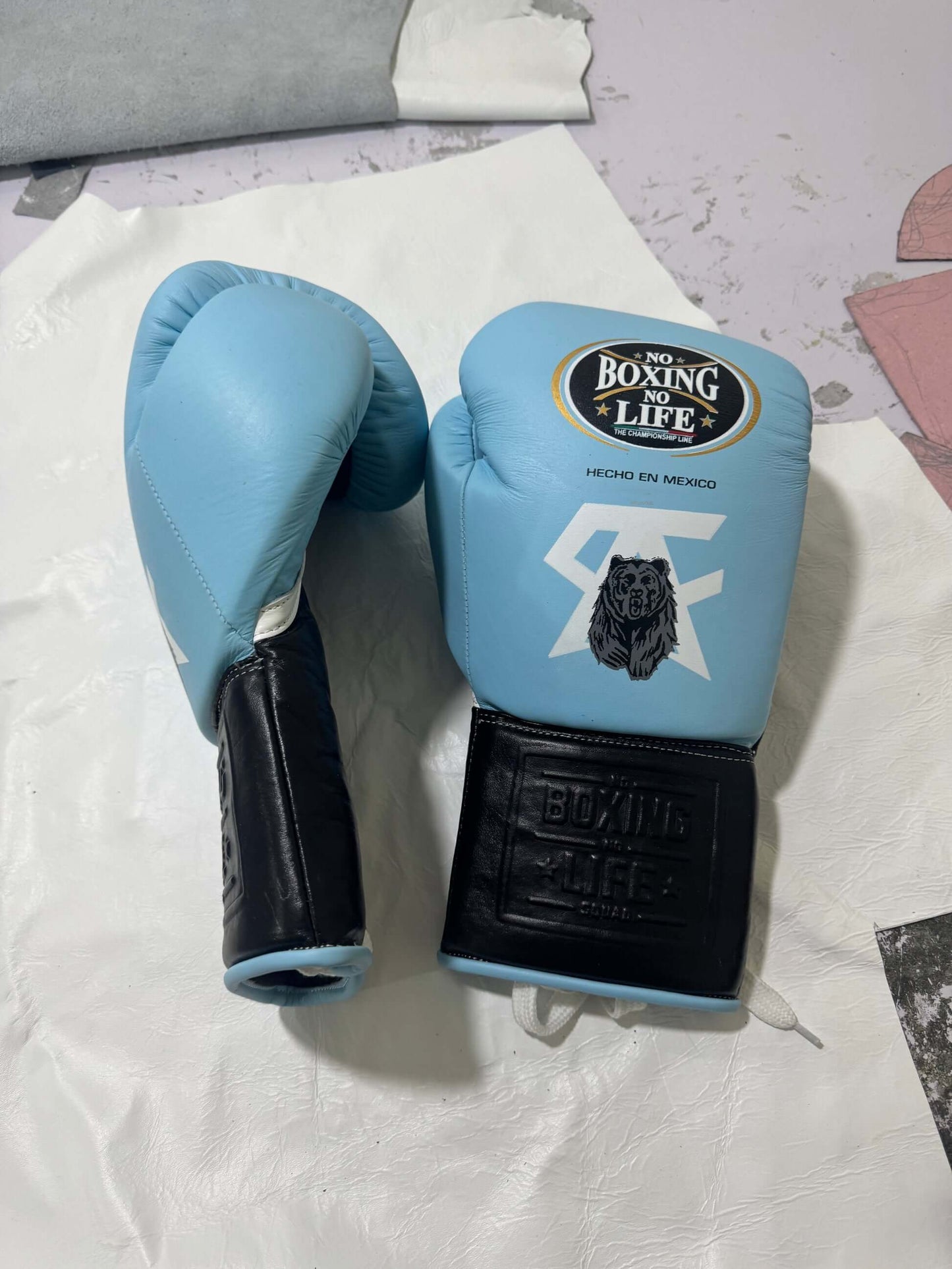 No Boxing No Life Boxing Gloves Sky-Blue/Black Lace-Up Training