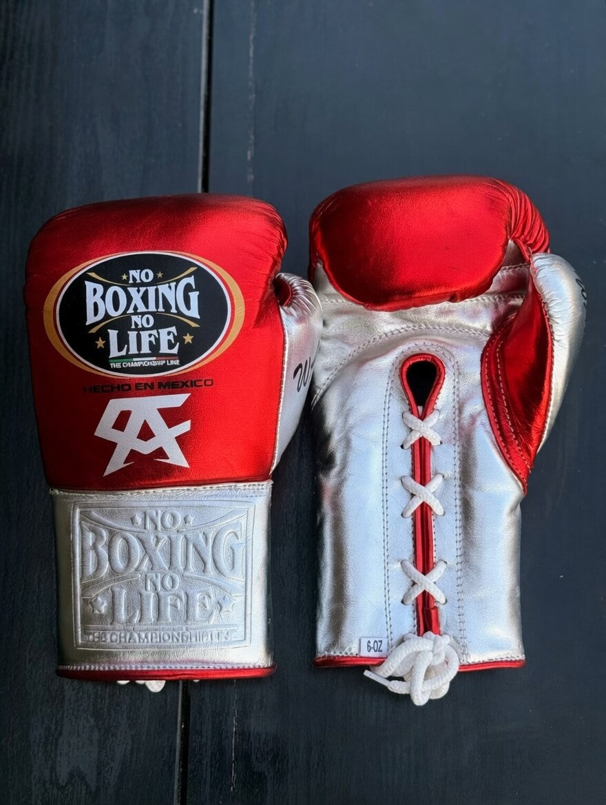 No Boxing No Life Boxing Gloves Red/Silver Lace-Up Training