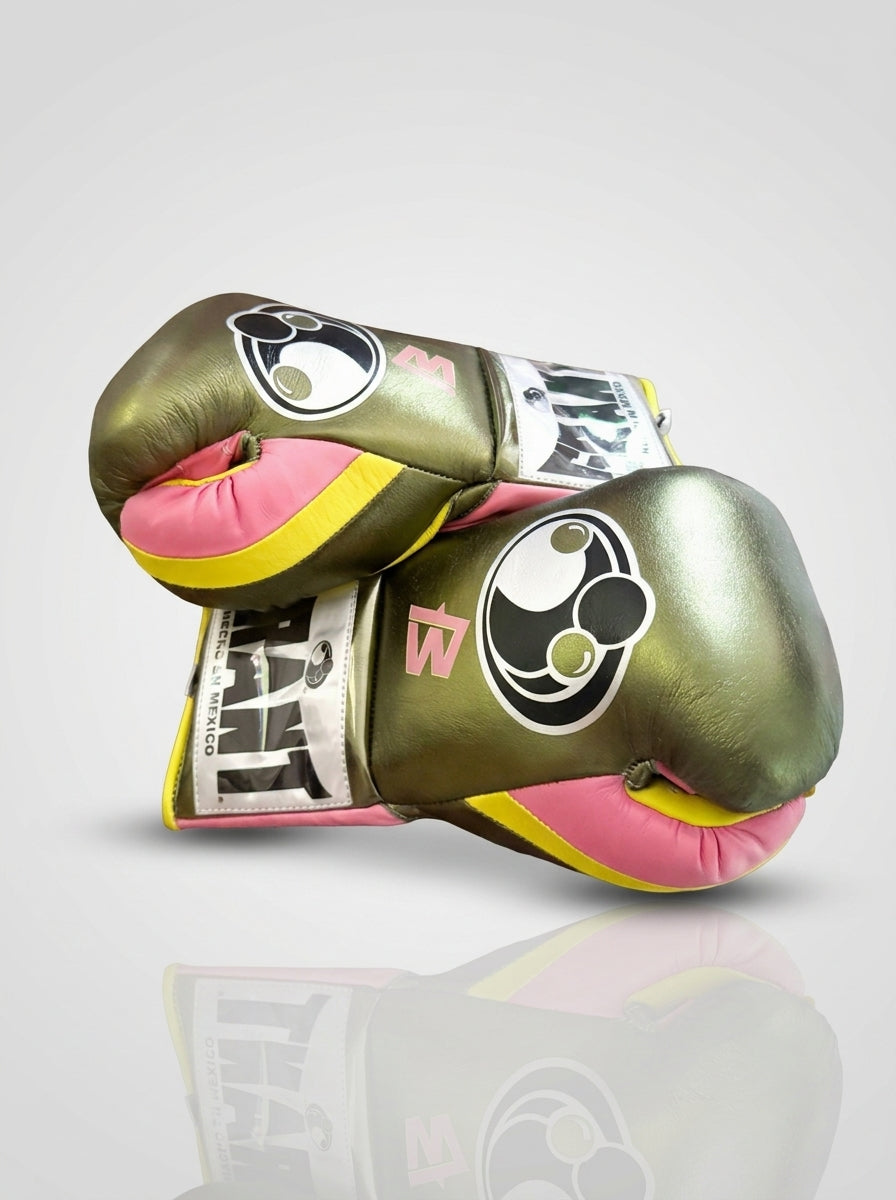 Grant Lace-Up Pro Boxing Gloves – Olive/Pink/Yellow