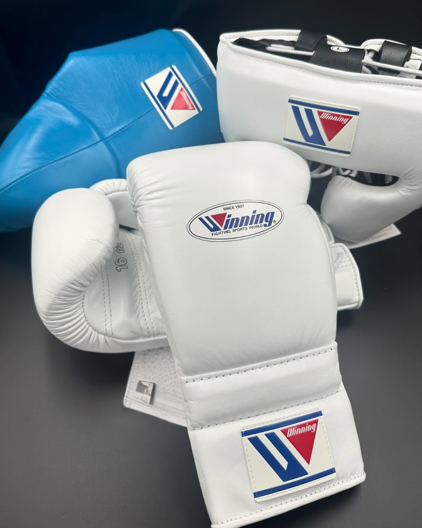 Winning Boxing Gloves Set White/Blue Premium Leather