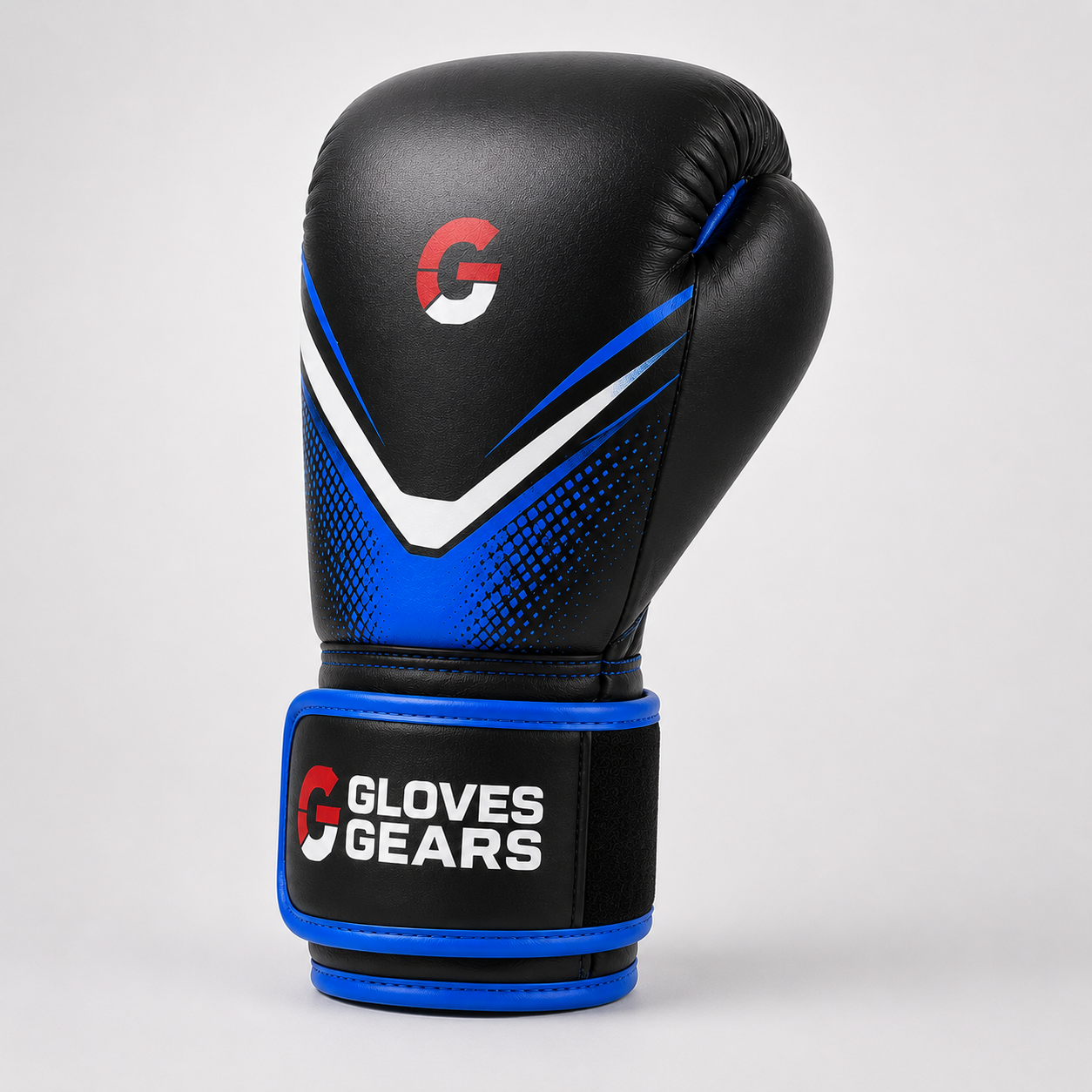 Black and blue boxing glove with 'Gloves Gears' branding on a white background