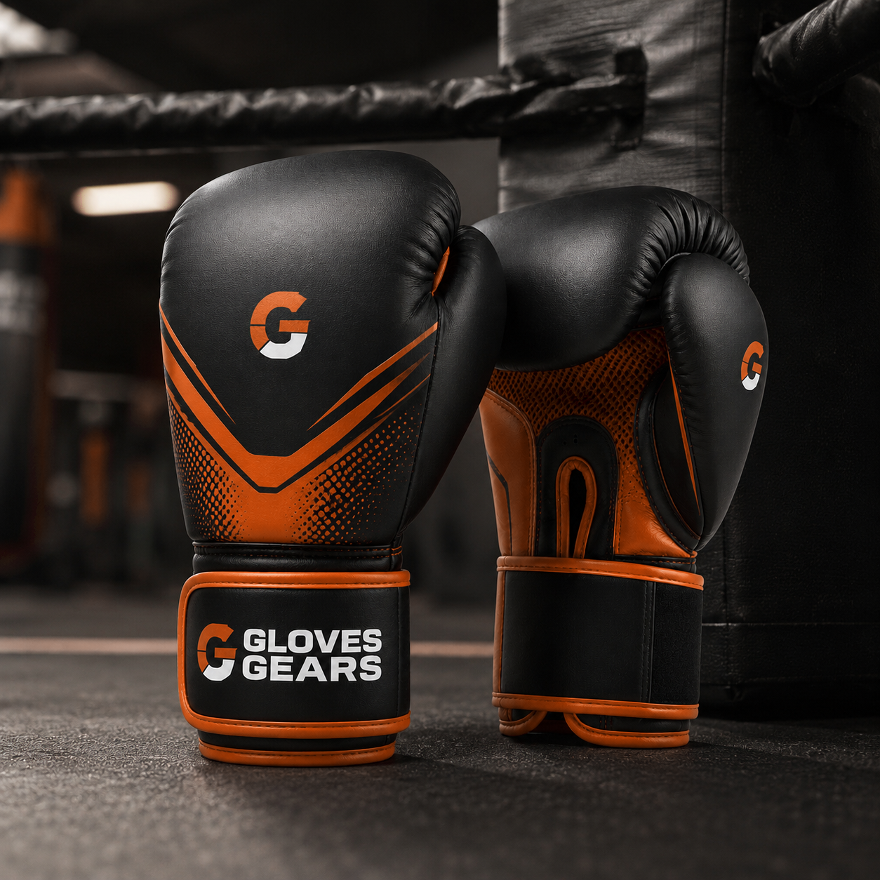 Gloves Gears Ignite Velcro Boxing Gloves Black Orange pair front view
