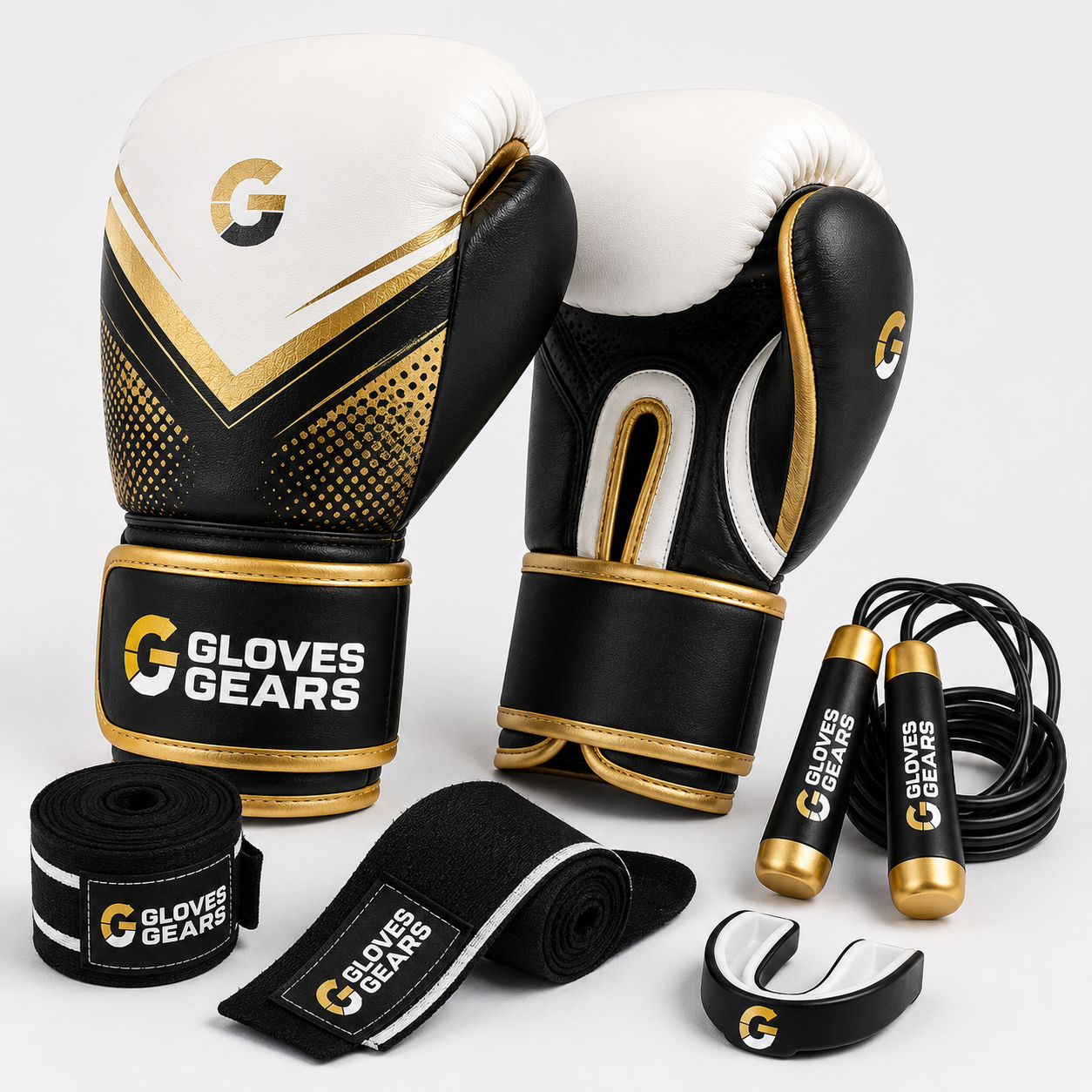 Boxing gloves, jump rope, hand wraps, and ear guards with Gloves Gears branding on a white background.