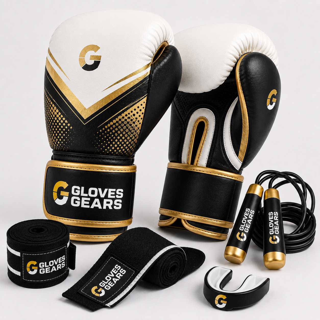 Boxing gloves, jump rope, hand wraps, and eye guards with Gloves Gears branding on a white background.