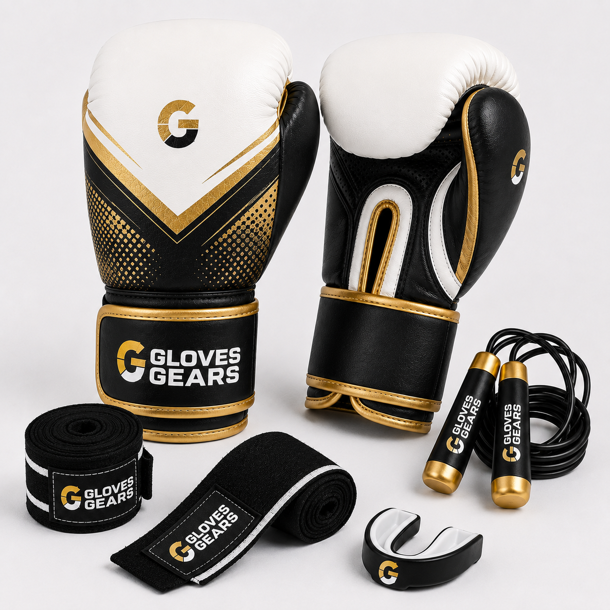 Boxing gloves, jump rope, hand wraps, and earplugs with Gloves Gears branding on a white background.