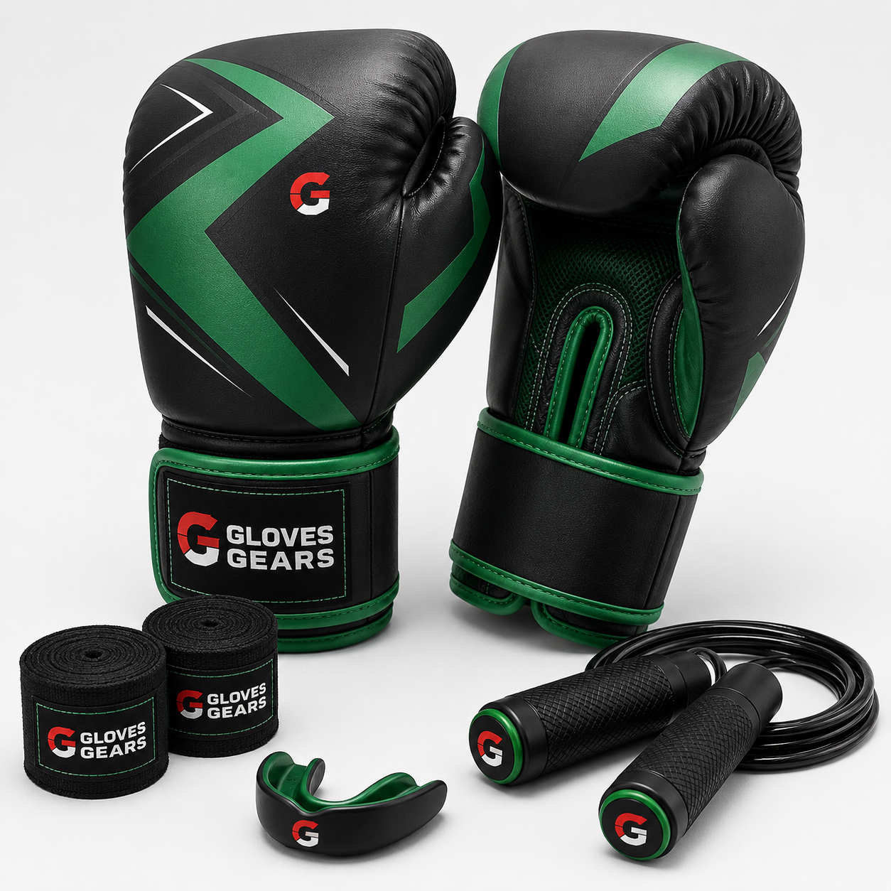 Black and green boxing gloves with jump rope and hand wraps on a white background, featuring the Gloves Gears brand.