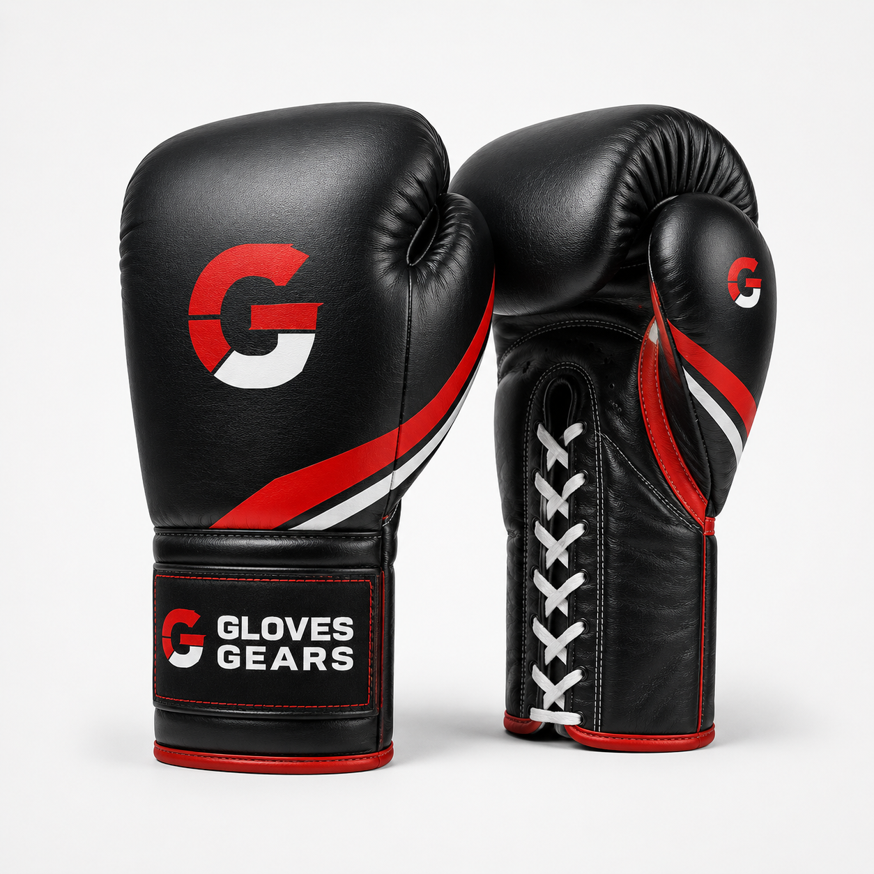Black boxing gloves with red and white accents on a white background, featuring the Gloves Gears logo.