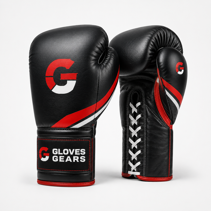 Black boxing gloves with red and white accents on a white background, featuring the Gloves Gears logo.