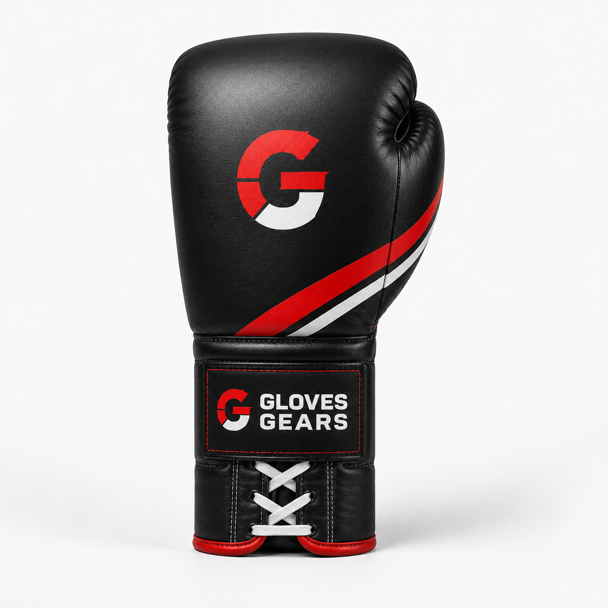 Black boxing glove with red and white accents on a white background