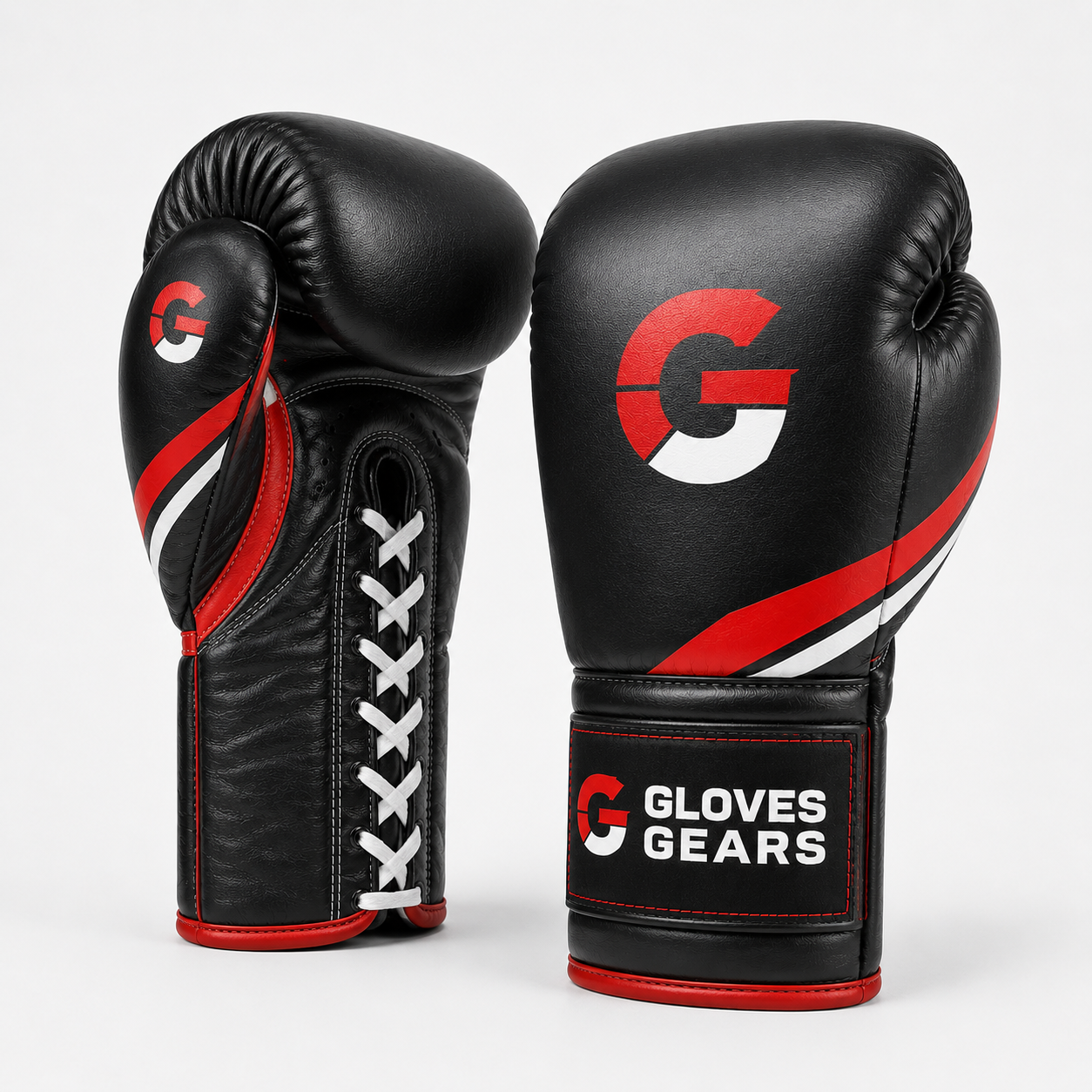 Black boxing gloves with red and white accents and 'Gloves Gears' branding on a white background