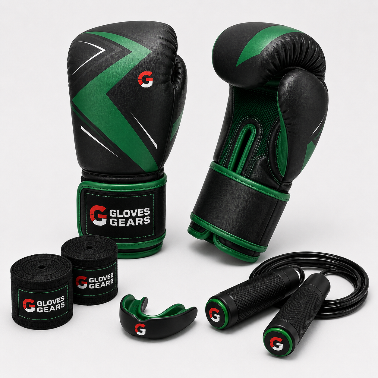 Black and green boxing gloves with training accessories on a white background, branded 'Gloves Gears'.