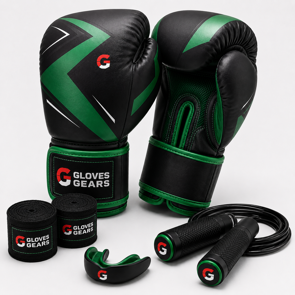 Pair of black and green boxing gloves with matching accessories on a white background