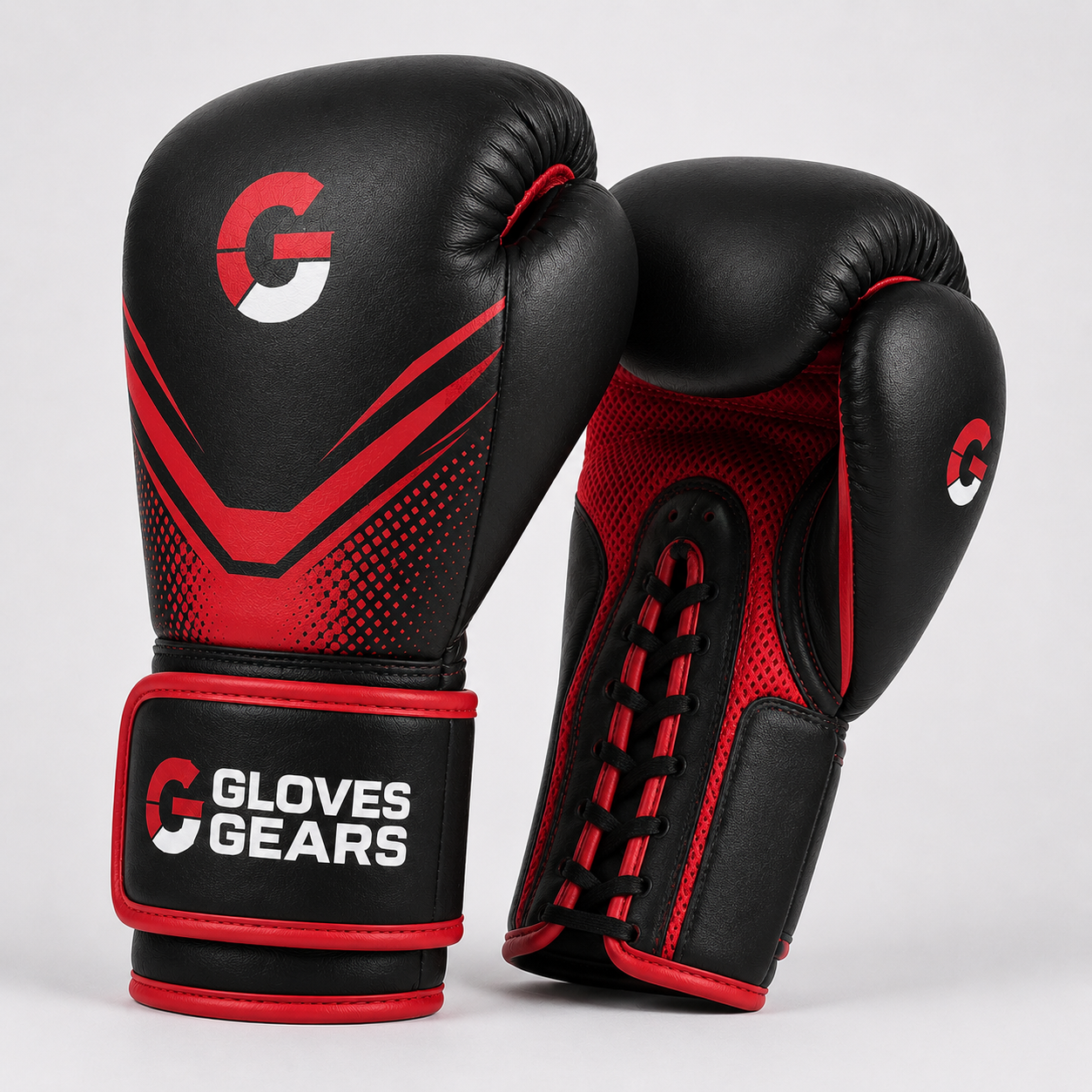 Black and red boxing gloves with 'Gloves Gears' branding on a white background