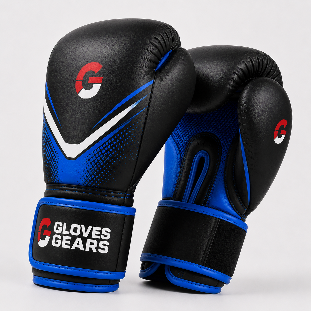 Black and blue boxing gloves with 'Gloves Gears' branding on a white background