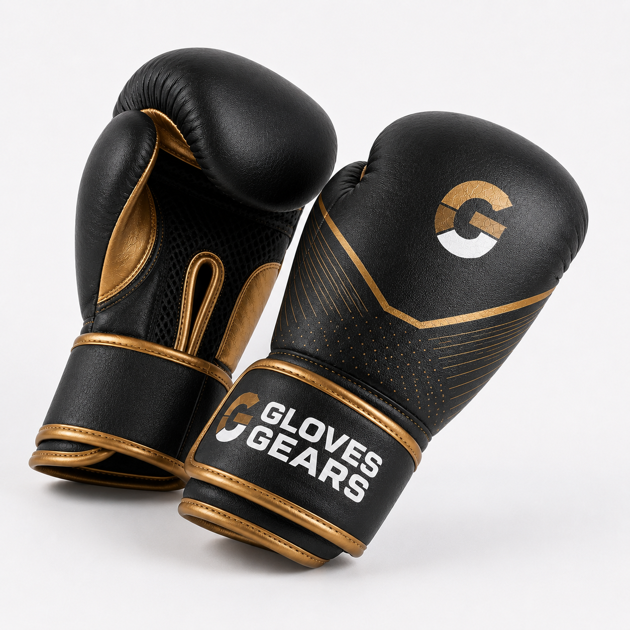 Black and gold boxing gloves with 'Gloves Gears' branding on a white background