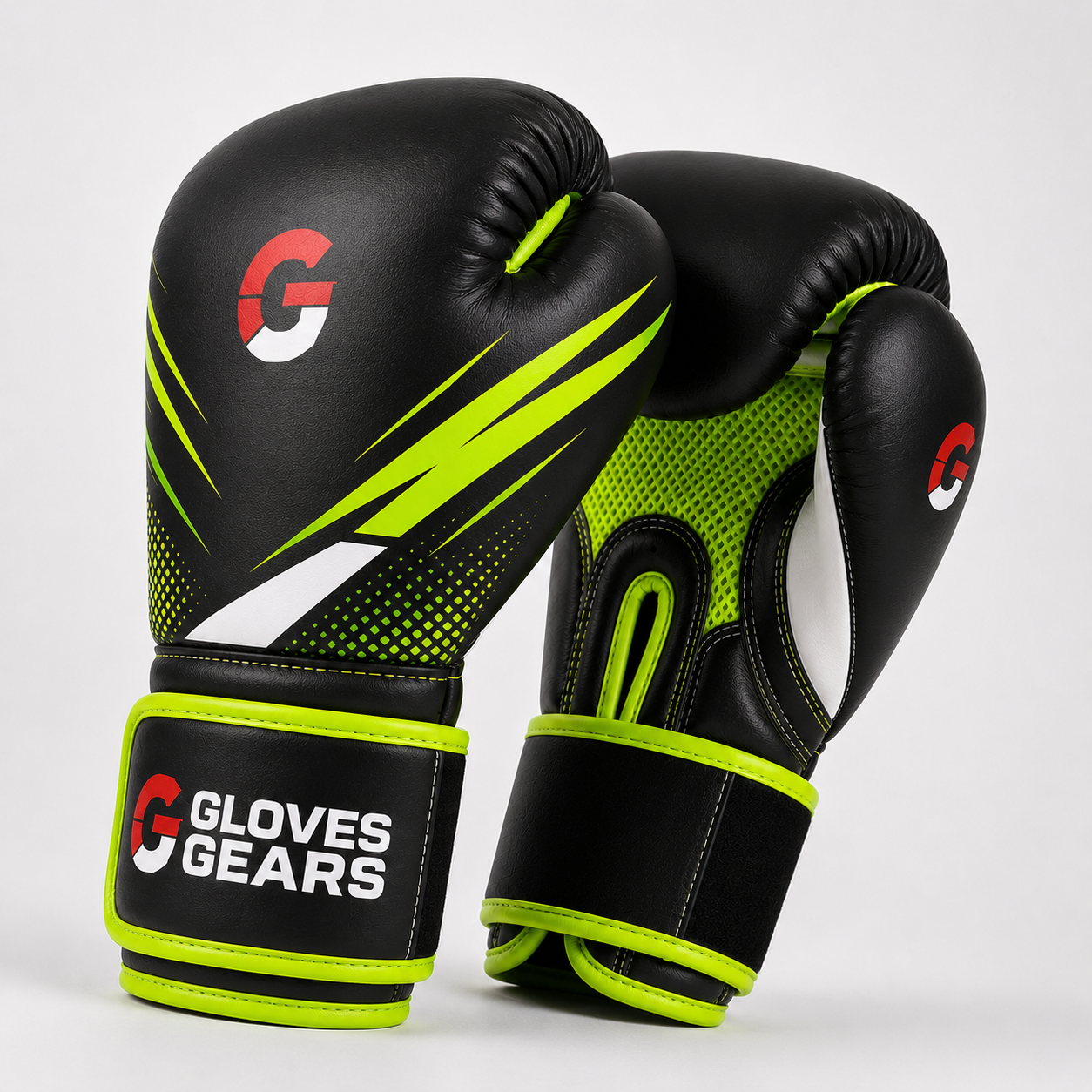 Black and green boxing gloves with 'Gloves Gears' branding on a white background