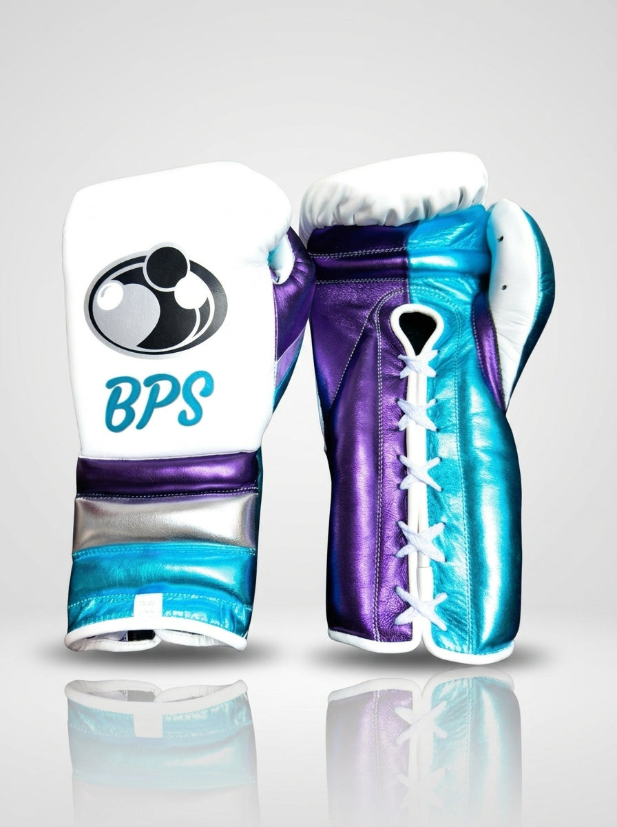 BPS Grant Lace-Up Pro Boxing Gloves – White/Purple/Teal