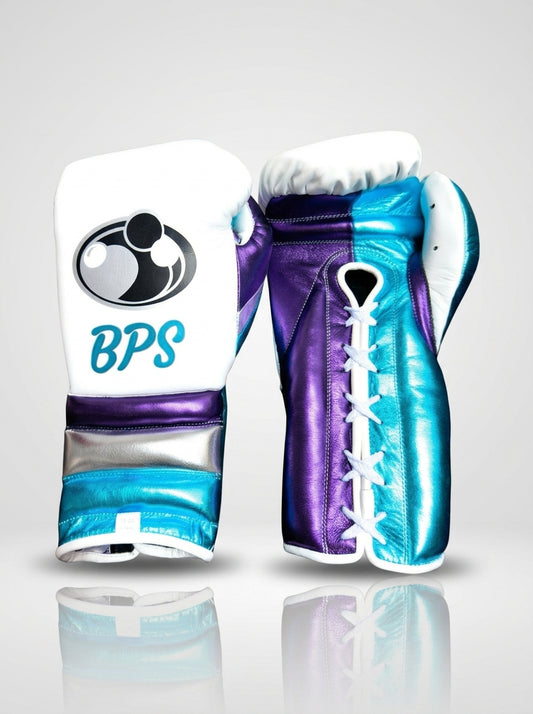 BPS Grant Lace-Up Pro Boxing Gloves – White/Purple/Teal