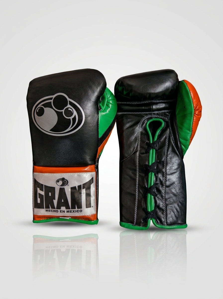 Grant Lace-Up Pro Boxing Gloves – Black/Green/Orange
