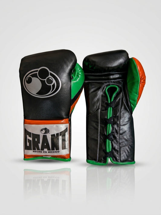 Grant Lace-Up Pro Boxing Gloves – Black/Green/Orange