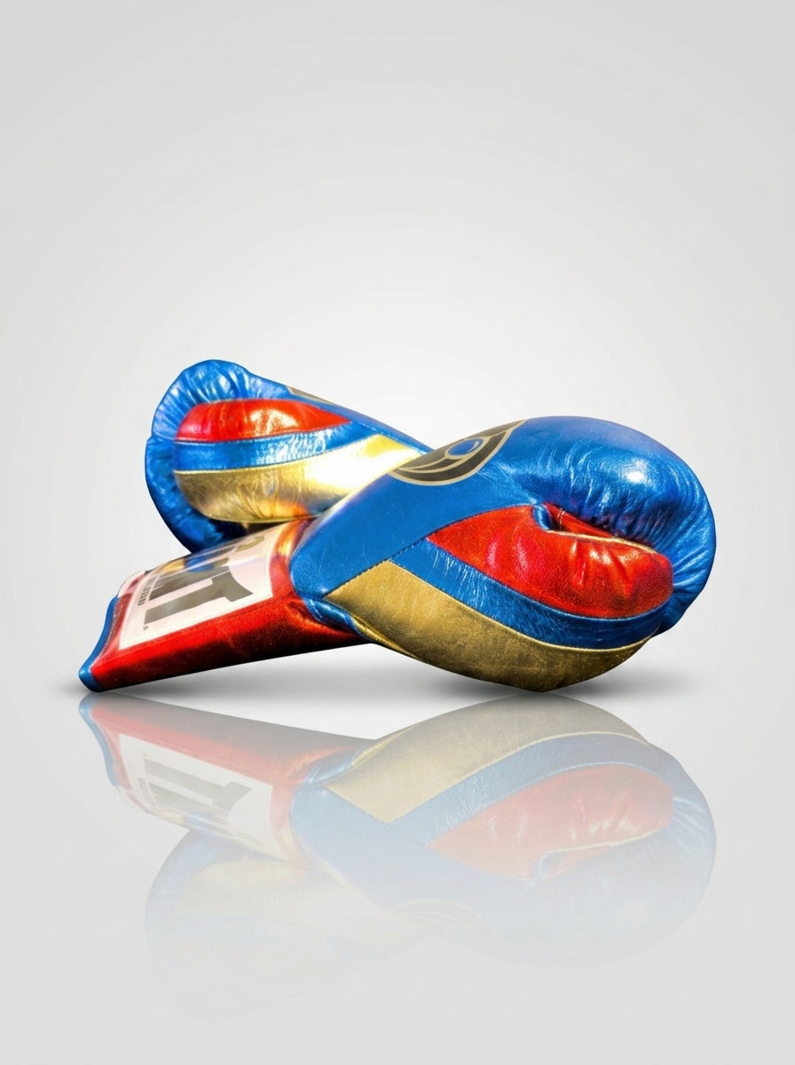 Grant Lace-Up Pro Boxing Gloves – Metallic Blue/Gold/Red