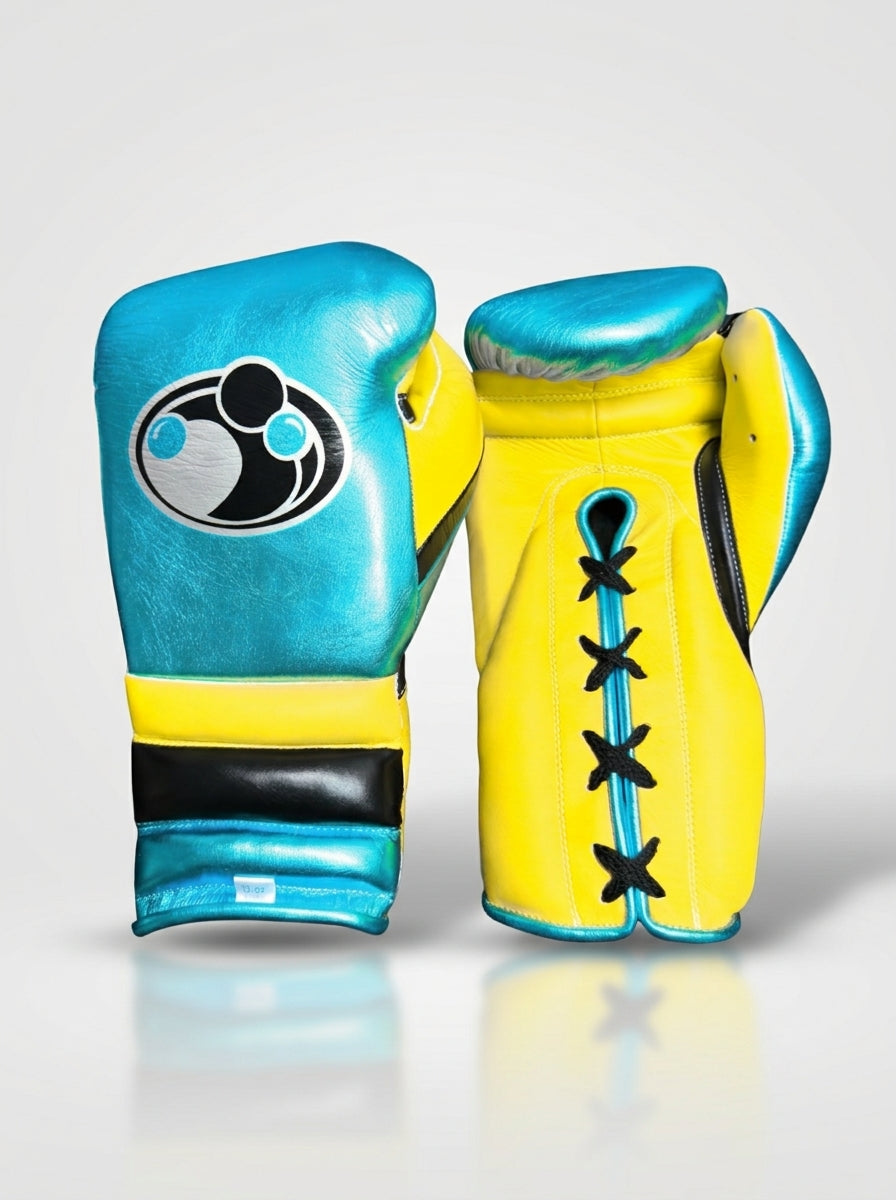 Grant Lace-Up Pro Boxing Gloves – Metallic Cyan/Yellow