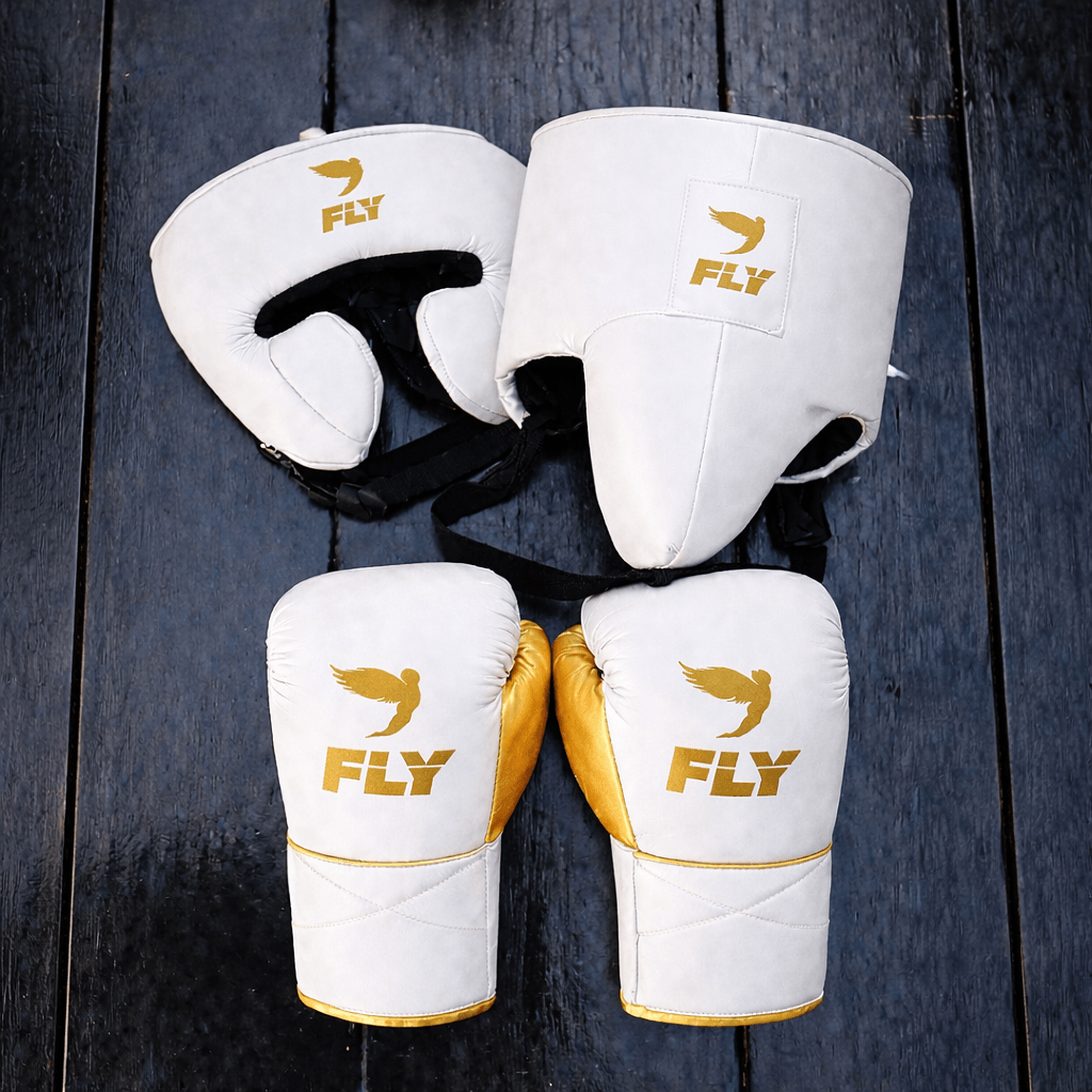 Fly Boxing Set White/Gold Lace-Up Gloves