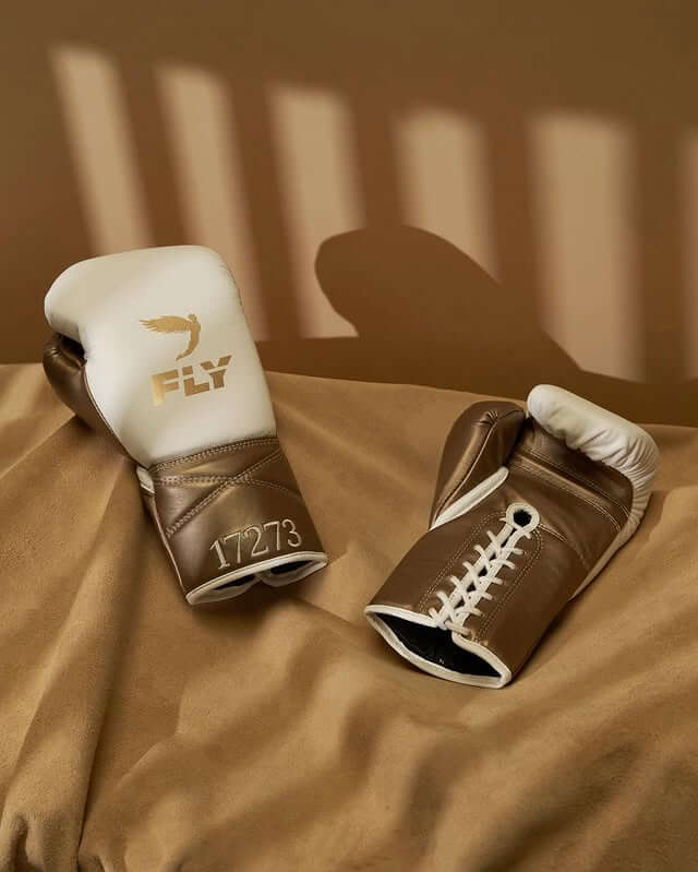 Fly Boxing Gloves White/Brown/Gold Lace-Up