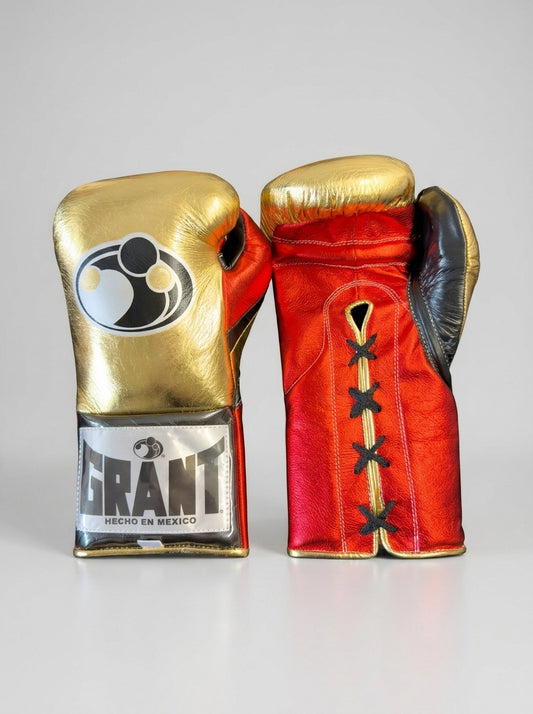 Grant Lace-Up Pro Boxing Gloves – Metallic Gold/Red