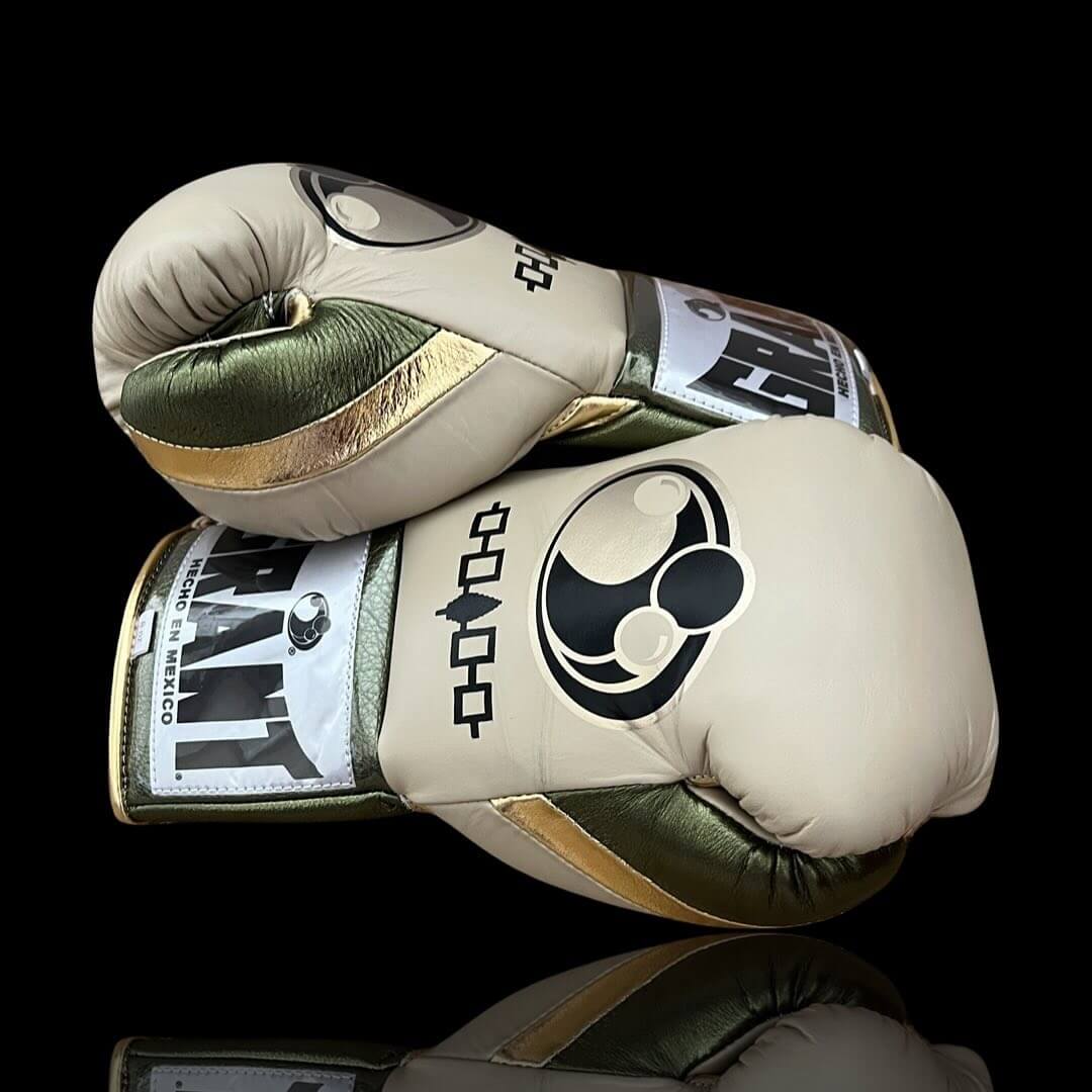 Grant Boxing Gloves in Beige/Green/Gold colorway - Professional Lace-Up training gloves