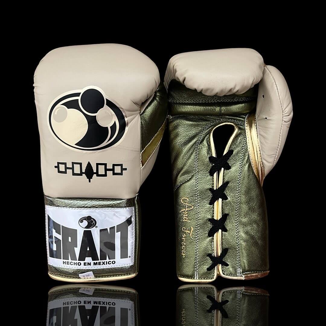 Grant Boxing Gloves in Beige/Green/Gold colorway - Professional Lace-Up training gloves