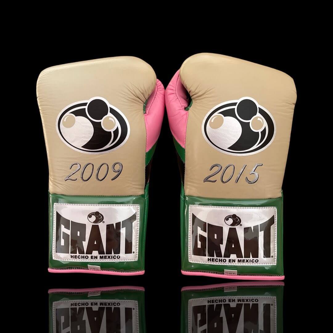 Grant Boxing Gloves in Beige/Green/Pink colorway - Professional Lace-Up training gloves
