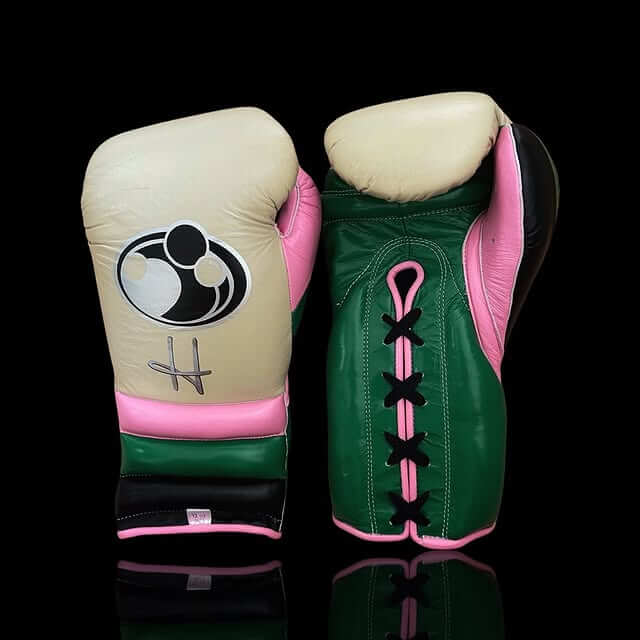 Grant Boxing Gloves in Beige/Green/Pink colorway - Professional Lace-Up training gloves