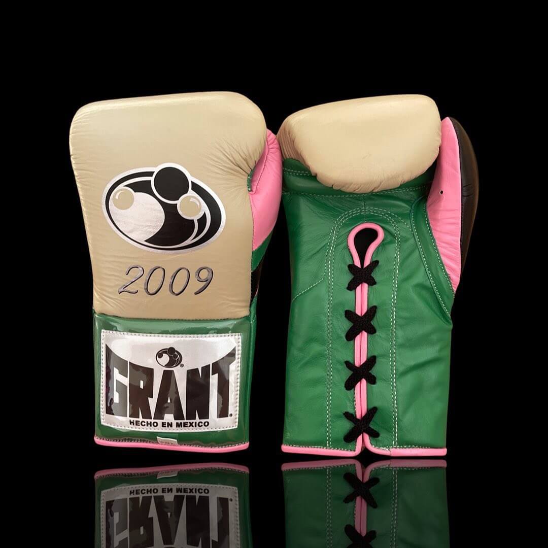 Grant Boxing Gloves in Beige/Green/Pink colorway - Professional Lace-Up training gloves