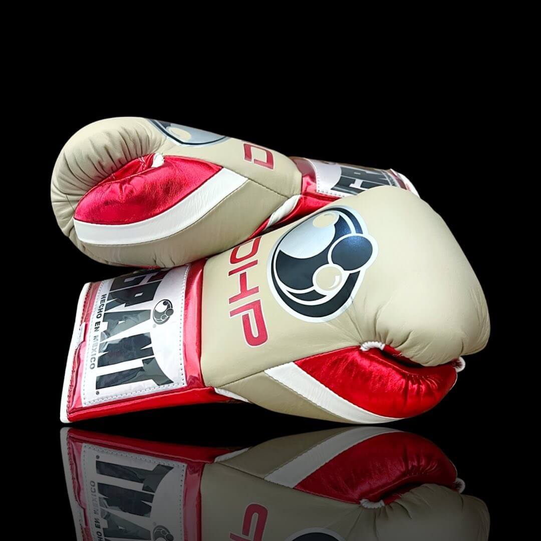Grant Boxing Gloves in Beige/Red/White colorway - Professional Lace-Up training gloves