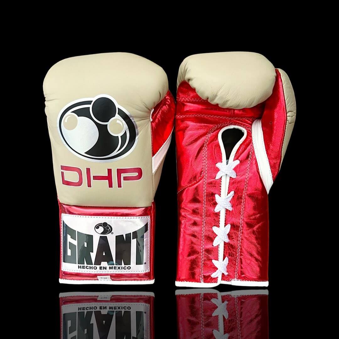 Grant Boxing Gloves in Beige/Red/White colorway - Professional Lace-Up training gloves