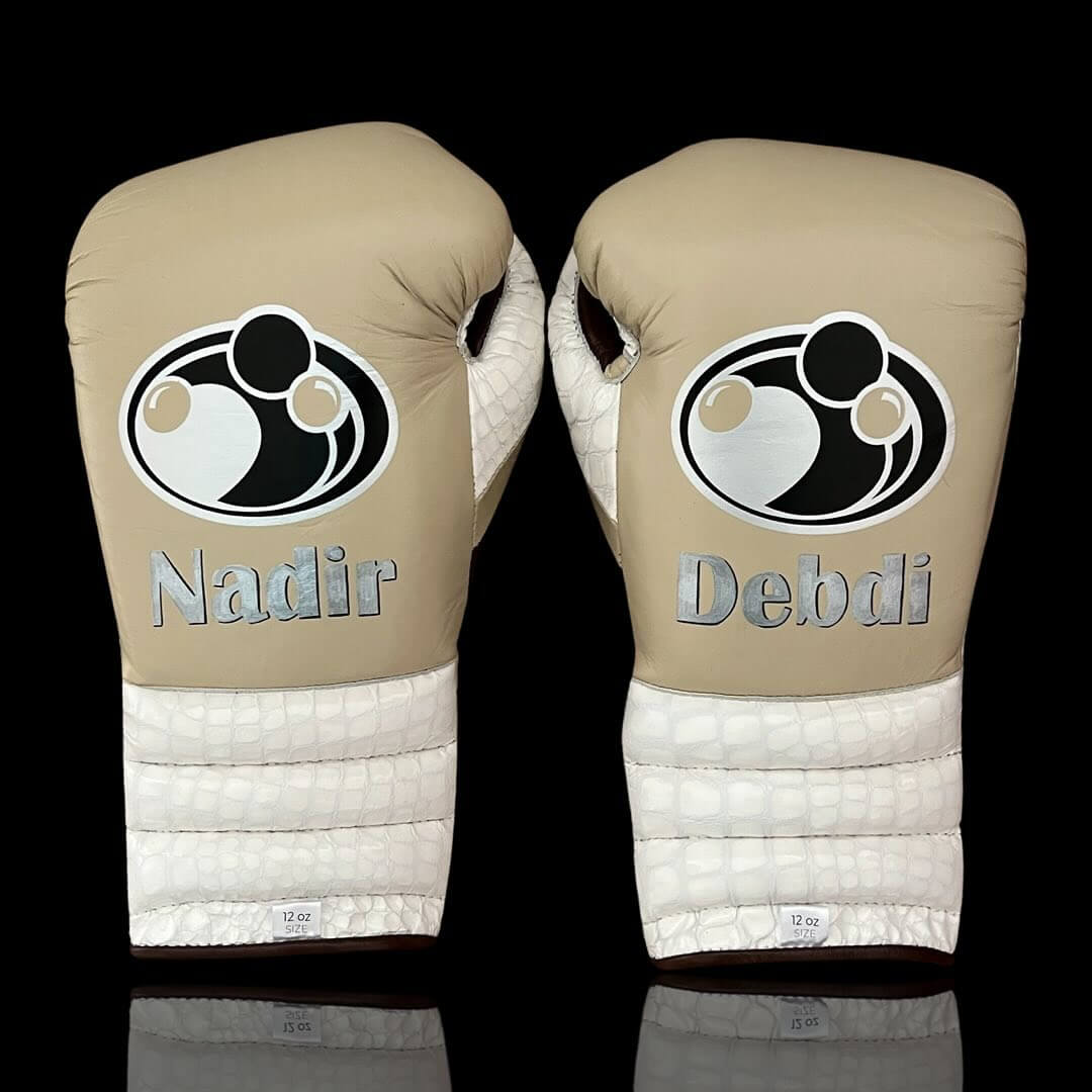 Grant Boxing Gloves in Beige/White/Brown colorway - Professional Lace-Up training gloves