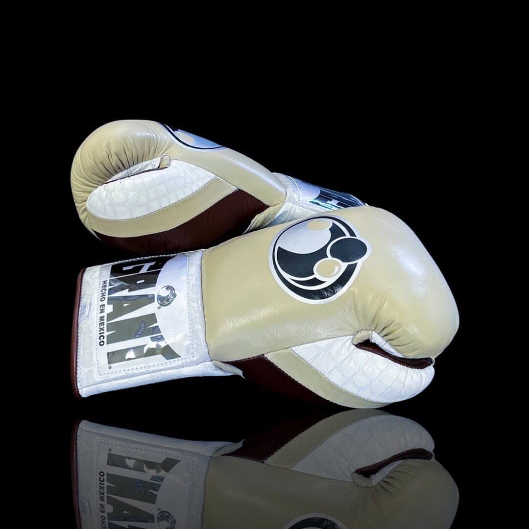 Grant Boxing Gloves in Beige/White/Brown colorway - Professional Lace-Up training gloves