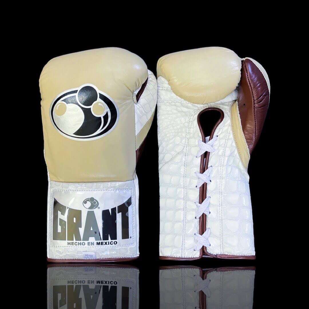 Grant Boxing Gloves in Beige/White/Brown colorway - Professional Lace-Up training gloves