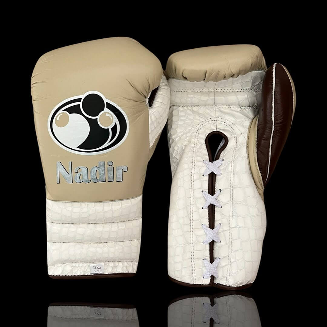 Grant Boxing Gloves in Beige/White/Brown colorway - Professional Lace-Up training gloves