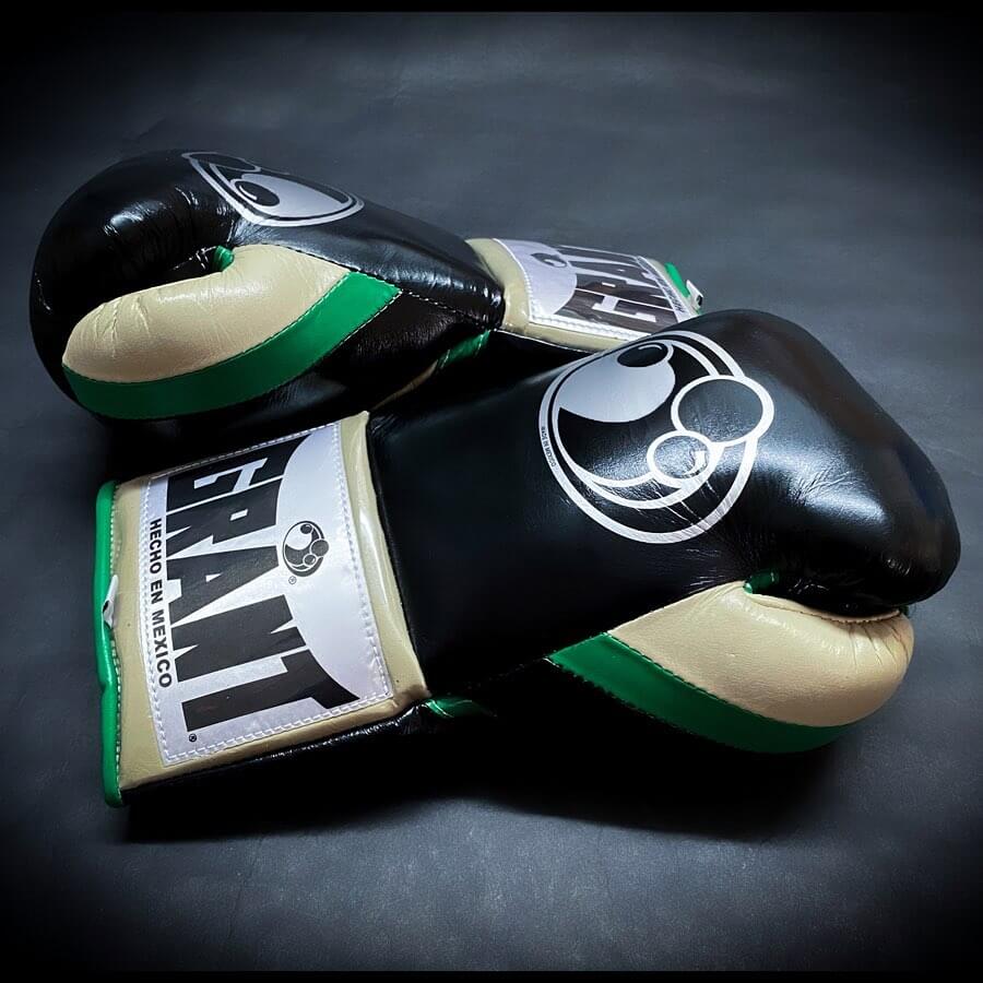 Grant Boxing Gloves in Black/Green/Beige colorway - Professional Lace-Up training gloves