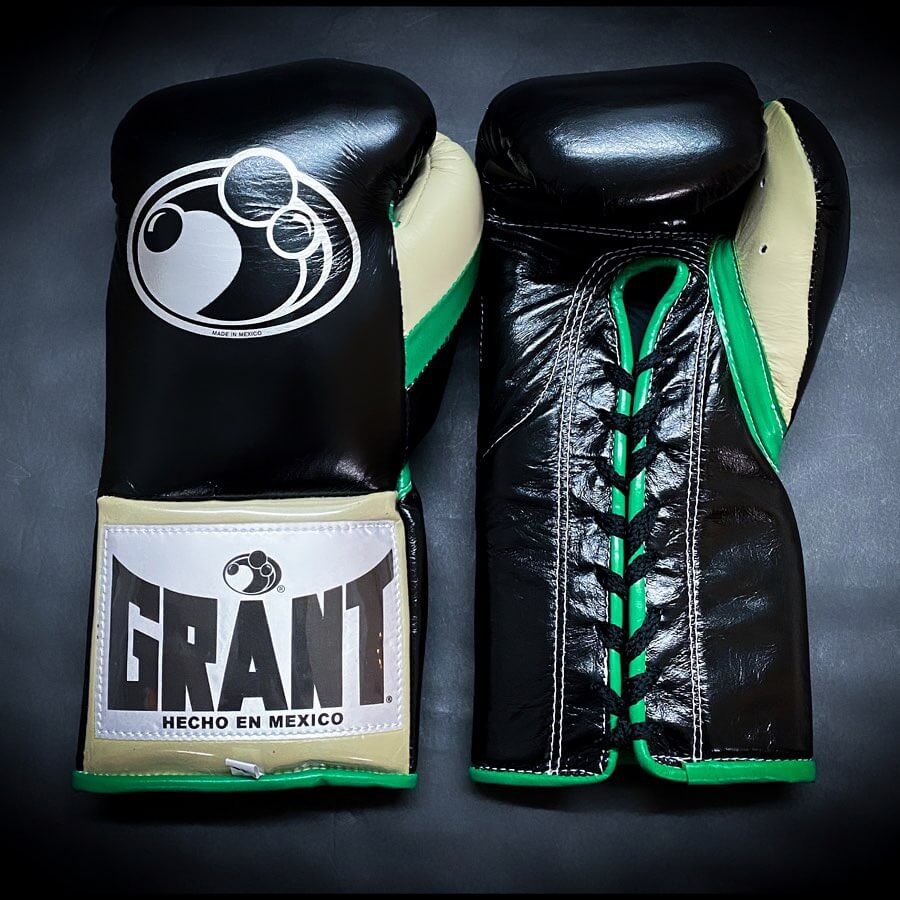 Grant Boxing Gloves in Black/Green/Beige colorway - Professional Lace-Up training gloves